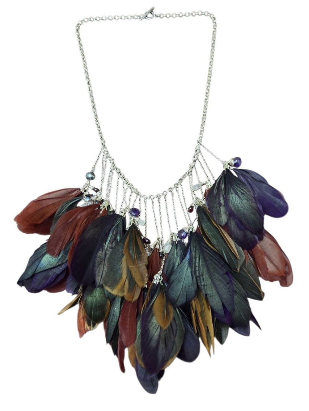 Sterling Silver, Gemstone & Feather Necklace Toggle Clasp- 17"